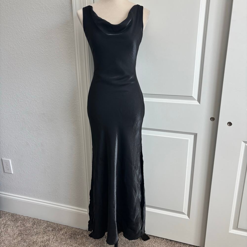 Vintage 90s Black Cowl Neck Maxi Dress Size 6 Fits XS Satin Liquid Silk Look - Picture 2 of 16